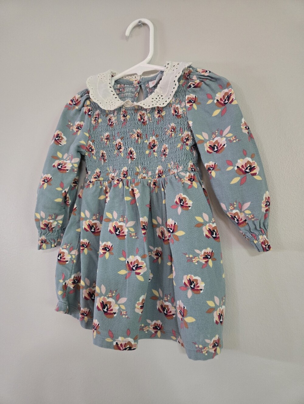 Wonder Nation Blue/Green Floral Smocked Dress with Eyelet Collar - Picture 2 of 7